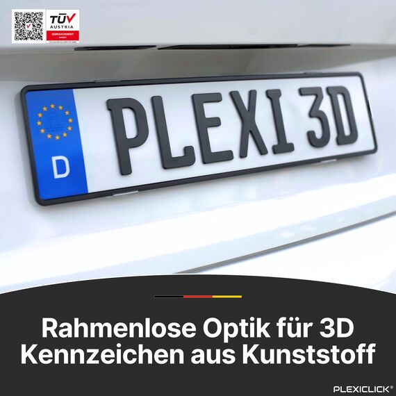 PLEXICLICK® 3D Kennzeichenhalter 3D Kennzeichen - Rahmenlos unsichtbar - 3D Kennzeichen Halterung Auto - Universal - Für Deutsche 3D Kfz Kennzeichen (Schwarz, Nur Deutsche 3D (kein Österreich))