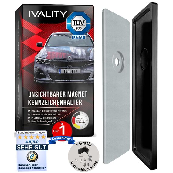 Ivality Magnet Kennzeichenhalter Rahmenlos für 1 Kennzeichen, Unsichtbare Rahmenlose Kennzeichenhalter Magnet für Auto, Wechselkennzeichenhalter Österreich, Straßenzugelassen, TÜV geprüft bis 350 km/h