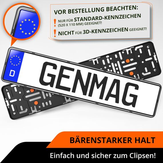 GENMAG® Kennzeichenhalter Rahmenlos [Legal & Universal] Nummernschildhalterung Auto | Rahmenlose Kennzeichenhalter Schwarz | Kennzeichenhalterung | Kfz Kennzeichen Halterung | Nummernschildhalter