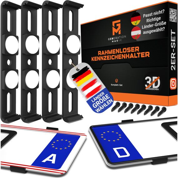 GENMAG® Kennzeichenhalter Rahmenlos [Legal & Universal] Nummernschildhalterung Auto | Rahmenlose Kennzeichenhalter für Autos | Kennzeichenhalterung Rahmenlos | Nummernschildhalter für 2 Kennzeichen