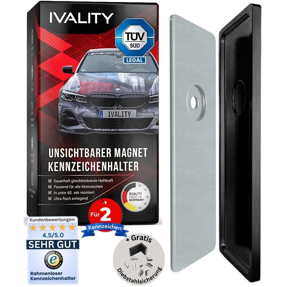 Ivality Magnet Kennzeichenhalter Rahmenlos für 2 Kennzeichen, Unsichtbare Rahmenlose Kennzeichenhalter Magnet für Auto, Wechselkennzeichenhalter Österreich, Straßenzugelassen, TÜV geprüft bis 350 km/h