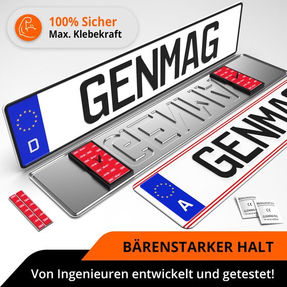 GENMAG® 1x Magnet Kennzeichenhalter Rahmenlos [Extra-Stark & Universal] Rahmenlose Kennzeichenhalter Magnete für Deutschland & Österreich | Magnetische Wechselkennzeichenhalter | Kennzeichen Magnet