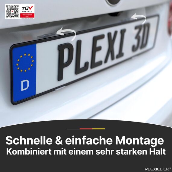 PLEXICLICK® 3D Kennzeichenhalter 3D Kennzeichen - Rahmenlos unsichtbar - 3D Kennzeichen Halterung Auto - Universal - Für Deutsche 3D Kfz Kennzeichen (Schwarz, Nur Deutsche 3D (kein Österreich))