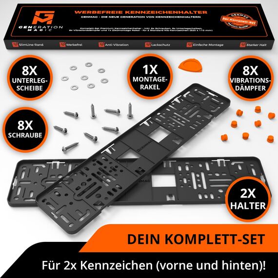 GENMAG® Kennzeichenhalter Rahmenlos [Legal & Universal] Nummernschildhalterung Auto | Rahmenlose Kennzeichenhalter Schwarz | Kennzeichenhalterung | Kfz Kennzeichen Halterung | Nummernschildhalter