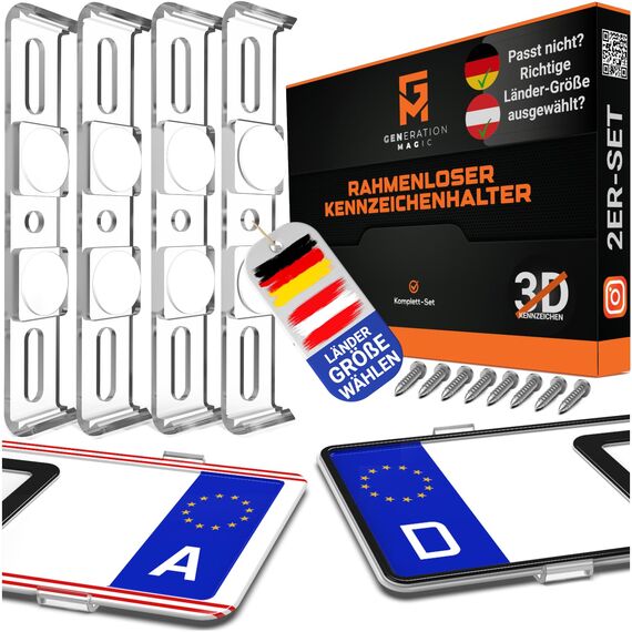 GENMAG® Kennzeichenhalter Rahmenlos [Legal & Universal] Nummernschildhalterung Auto | Rahmenlose Kennzeichenhalter für Autos | Kennzeichenhalterung Rahmenlos | Nummernschildhalter für 2 Kennzeichen