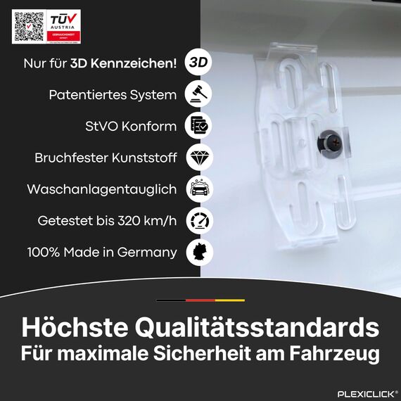 PLEXICLICK® 3D Kennzeichenhalter 3D Kennzeichen - Rahmenlos unsichtbar - 3D Kennzeichen Halterung Auto - Universal - Für Deutsche 3D Kfz Kennzeichen (Schwarz, Nur Deutsche 3D (kein Österreich))