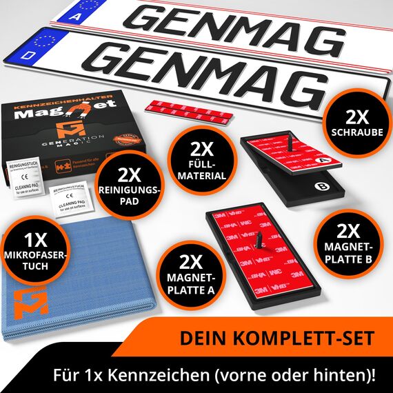 GENMAG® 1x Magnet Kennzeichenhalter Rahmenlos [Extra-Stark & Universal] Rahmenlose Kennzeichenhalter Magnete für Deutschland & Österreich | Magnetische Wechselkennzeichenhalter | Kennzeichen Magnet