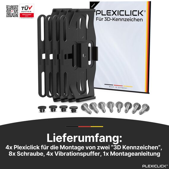 PLEXICLICK® 3D Kennzeichenhalter 3D Kennzeichen - Rahmenlos unsichtbar - 3D Kennzeichen Halterung Auto - Universal - Für Deutsche 3D Kfz Kennzeichen (Schwarz, Nur Deutsche 3D (kein Österreich))