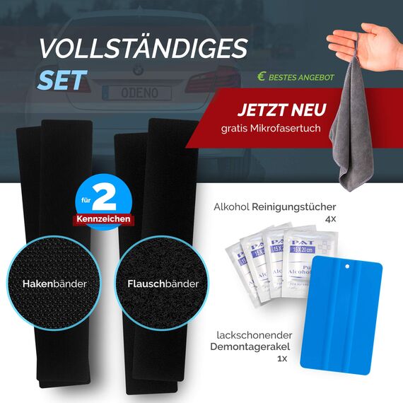 DAS ORIGINAL - ODENO® Klett Kennzeichenhalter-Set Rahmenlos selbstklebend - Nummernschildhalterung für jedes Auto - extrem starker, wetterfester Kleber und Klettverschluss