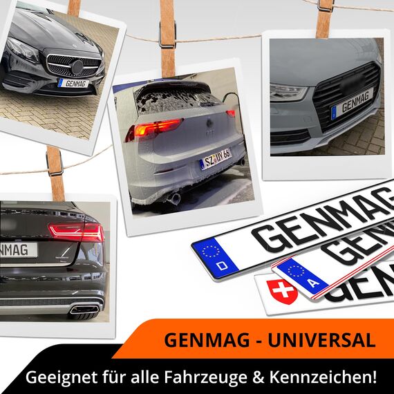 GENMAG® 2X Magnet Kennzeichenhalter Rahmenlos [Extra-Stark & Universal] Rahmenlose Kennzeichenhalter Magnete für Deutschland & Österreich | Magnetische Wechselkennzeichenhalter | Kennzeichen Magnet