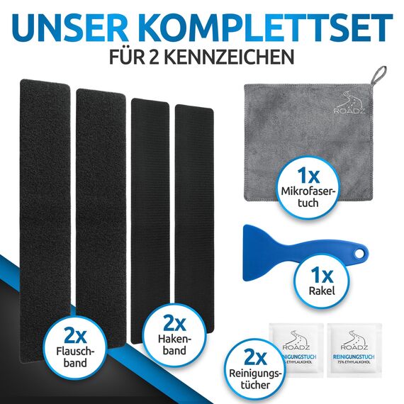 ROADZ® Kennzeichenhalter Klett - BOMBENFESTER Halt - Kennzeichenhalter Rahmenlos - wetterfest für PKW 2er-Set - unsichtbare Nummernschildhalterung für 1 Fahrzeug - Nummernschildhalterung Auto (XL)