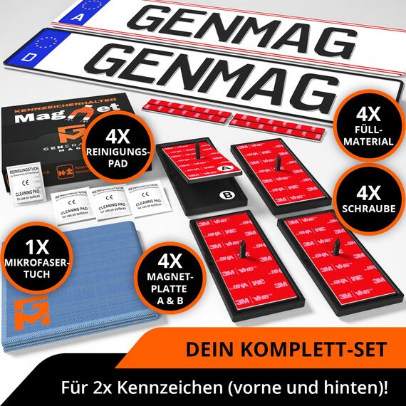 GENMAG® 2X Magnet Kennzeichenhalter Rahmenlos [Extra-Stark & Universal] Rahmenlose Kennzeichenhalter Magnete für Deutschland & Österreich | Magnetische Wechselkennzeichenhalter | Kennzeichen Magnet