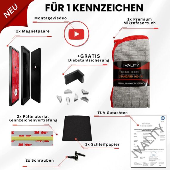 Ivality Magnet Kennzeichenhalter Rahmenlos für 1 Kennzeichen, Unsichtbare Rahmenlose Kennzeichenhalter Magnet für Auto, Wechselkennzeichenhalter Österreich, Straßenzugelassen, TÜV geprüft bis 350 km/h