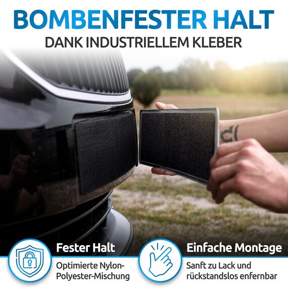 ROADZ® Kennzeichenhalter Klett - BOMBENFESTER Halt - Kennzeichenhalter Rahmenlos - wetterfest für PKW 2er-Set - unsichtbare Nummernschildhalterung für 1 Fahrzeug - Nummernschildhalterung Auto (XL)