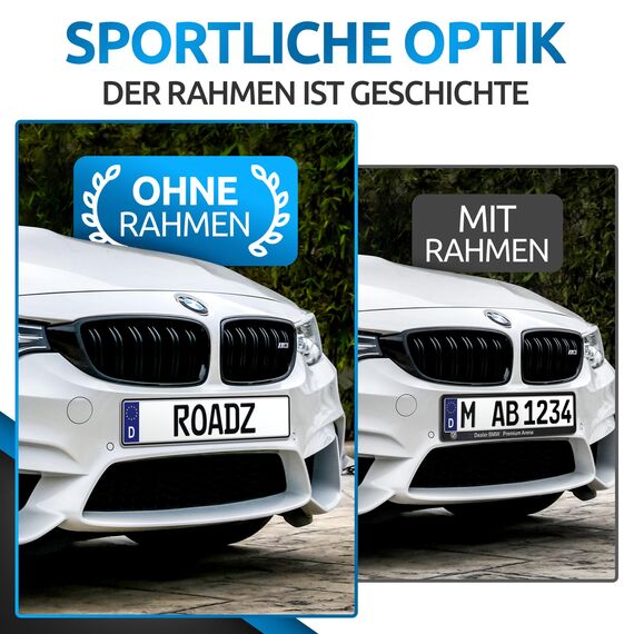 ROADZ® Kennzeichenhalter Klett - BOMBENFESTER Halt - Kennzeichenhalter Rahmenlos - wetterfest für PKW 2er-Set - unsichtbare Nummernschildhalterung für 1 Fahrzeug - Nummernschildhalterung Auto (XL)