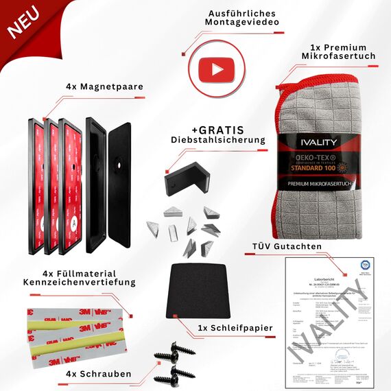 Ivality Magnet Kennzeichenhalter Rahmenlos für 2 Kennzeichen, Unsichtbare Rahmenlose Kennzeichenhalter Magnet für Auto, Wechselkennzeichenhalter Österreich, Straßenzugelassen, TÜV geprüft bis 350 km/h