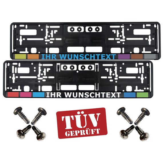 2er-Set Kennzeichenhalter Schwarz mit Wunschtext für alle PKW´s geeignet Beschriftung Bedruckt (Keine Folie) mit 8 Schrauben Waschanlagenfest, UV- und Witterungsbeständig