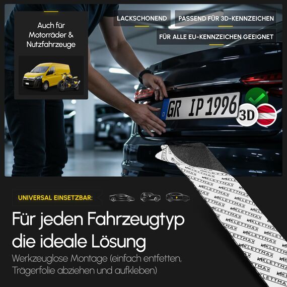 KLETTMAX® Rahmenloser Kennzeichenhalter mit Klett – Bombenfester, wetterfester Nummernschildhalter (EU Standard 520mm) – Einfache Montage, Kein Rahmen, Legal für Auto