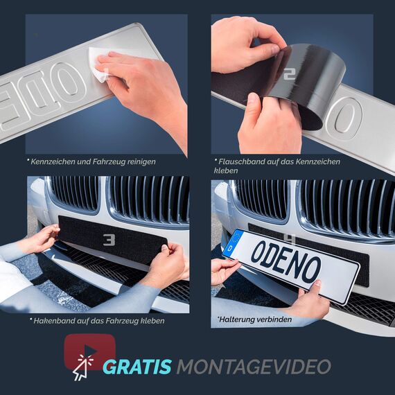 DAS ORIGINAL - ODENO® Klett Kennzeichenhalter-Set Rahmenlos selbstklebend - Nummernschildhalterung für jedes Auto - extrem starker, wetterfester Kleber und Klettverschluss