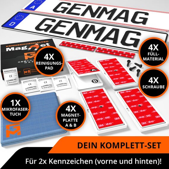 GENMAG® 2X Magnet Kennzeichenhalter Rahmenlos [Extra-Stark & Universal] Rahmenlose Kennzeichenhalter Magnete für Deutschland & Österreich | Magnetische Wechselkennzeichenhalter | Kennzeichen Magnet