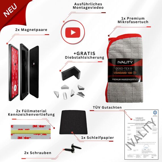 Ivality Magnet Kennzeichenhalter Rahmenlos für 1 Kennzeichen, Unsichtbare Rahmenlose Kennzeichenhalter Magnet für Auto, Wechselkennzeichenhalter Österreich, Straßenzugelassen, TÜV geprüft bis 350 km/h