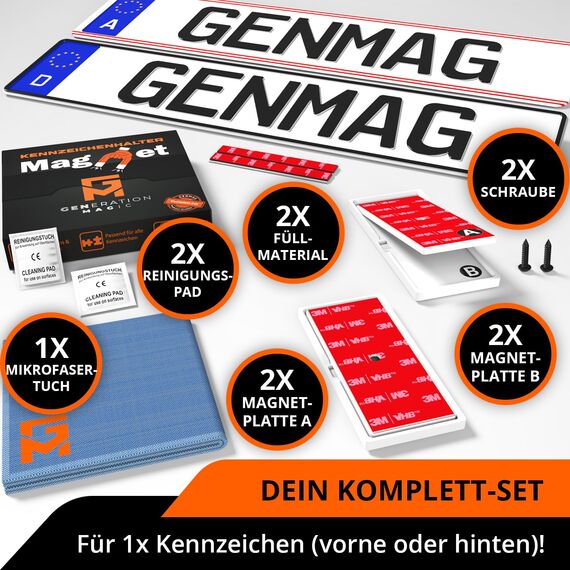 GENMAG® 1x Magnet Kennzeichenhalter Rahmenlos [Extra-Stark & Universal] Rahmenlose Kennzeichenhalter Magnete für Deutschland & Österreich | Magnetische Wechselkennzeichenhalter | Kennzeichen Magnet
