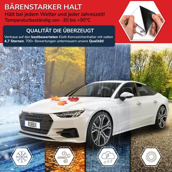 ROBBX® 2X Klett Kennzeichenhalter Rahmenlos I selbstklebend & absolut wetterfest I Auto Nummernschildhalter Set I Sportliche KFZ Kennzeichenhalterung