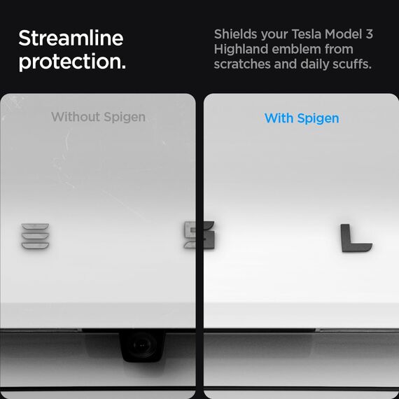 Spigen Tesla Model 3 Highland (~2026) Hinteres Emblem Logo Aufkleber, Perfekte Anpassung und Abdeckung, Einfache Installation, Kompatibel mit Tesla Model 3 Highland 2026 Zubehör - Schwarz
