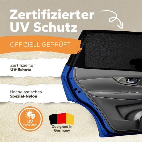 Sonnenschutz Auto Baby • ZERTIFIZIERTER UPF+ UV-Schutz • Nachhaltiges & Hochwertiges GSM105+ Nylon • Doppelte Schutzwirkung • Deutsches Design • Sonnenschutz Auto Kinder, Netz für Seitenfenster