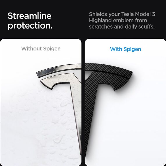 Spigen Tesla Model 3 Highland (~2026) Vorderes Emblem Logo Aufkleber, Perfekte Anpassung und Abdeckung, Einfache Installation, Kompatibel mit Tesla Model 3 Highland 2026 Zubehör - Carbon