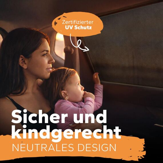 Sonnenschutz Auto Baby • ZERTIFIZIERTER UPF+ UV-Schutz • Nachhaltiges & Hochwertiges GSM105+ Nylon • Doppelte Schutzwirkung • Deutsches Design • Sonnenschutz Auto Kinder, Netz für Seitenfenster