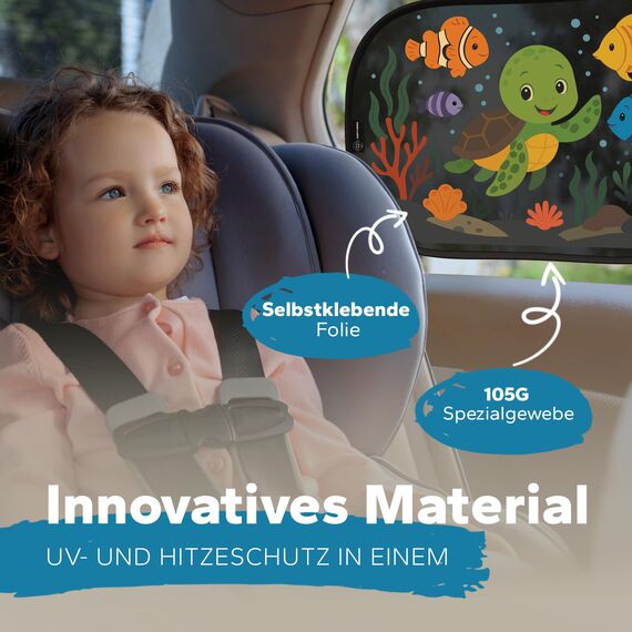 Sonnenschutz Auto Baby & Kinder • ZERTIFIZIERTER UPF50+ UV-Schutz • DEKRA geprüft & KBA-zugelassen • Nachhaltiges & hochwertiges GSM105+ Nylon • Sonnenblende Seitenscheibe • Motiv Unterwasser