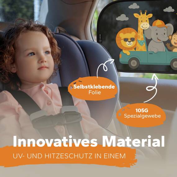 Sonnenschutz Auto Baby & Kinder • ZERTIFIZIERTER UPF50+ UV-Schutz • DEKRA geprüft & KBA-zugelassen • Nachhaltiges & hochwertiges GSM105+ Nylon • Sonnenblende Seitenscheibe • Tier-Motiv