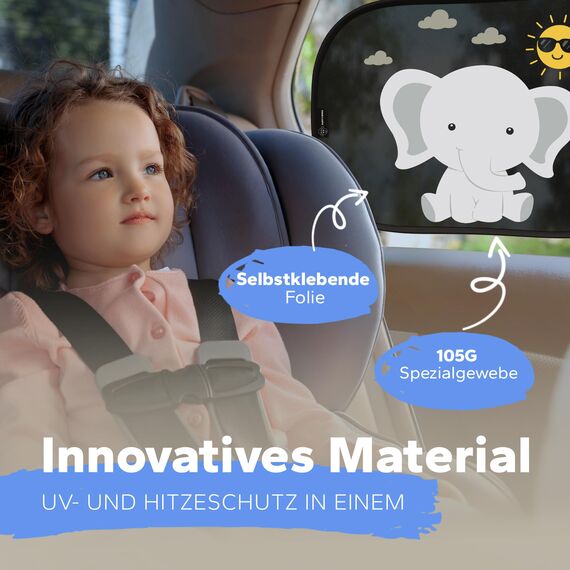Sonnenschutz Auto Baby & Kinder • ZERTIFIZIERTER UPF50+ UV-Schutz • DEKRA geprüft & KBA-zugelassen • Nachhaltiges & hochwertiges GSM105+ Nylon • Sonnenblende Seitenscheibe • Motiv Elefant