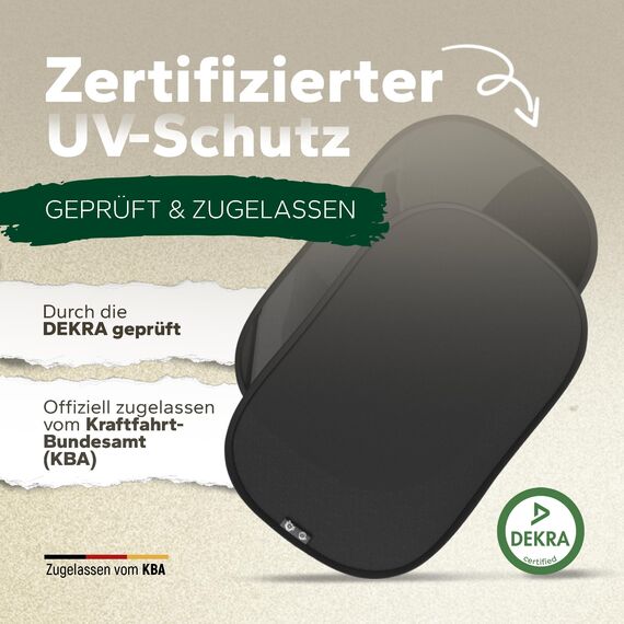 Sonnenschutz Auto Baby mit UV-Schutz UPF50+, DEKRA geprüft & KBA-zugelassen, Hochwertiges GSM105+ Nylon, Doppelte Schutzwirkung, Sonnenschutz Auto Kinder ohne Saugnapf