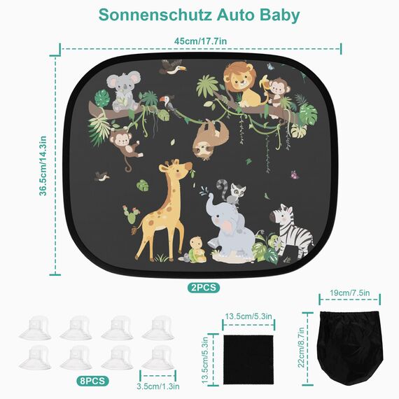 2 Stück Sonnenschutz Auto Baby mit UV Schutz, Sonnenblende Auto Kinder 45x36.5 cm mit 8 Saugnäpfen und Süßen Tier (Rebe Tiere)