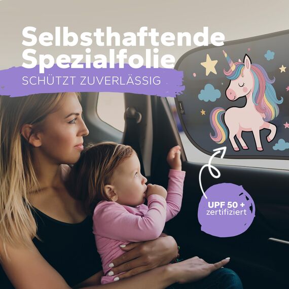 Sonnenschutz Auto Baby & Kinder • ZERTIFIZIERTER UPF50+ UV-Schutz • DEKRA geprüft & KBA-zugelassen • Nachhaltiges & hochwertiges GSM105+ Nylon • Sonnenblende Seitenscheibe • Motiv Einhorn