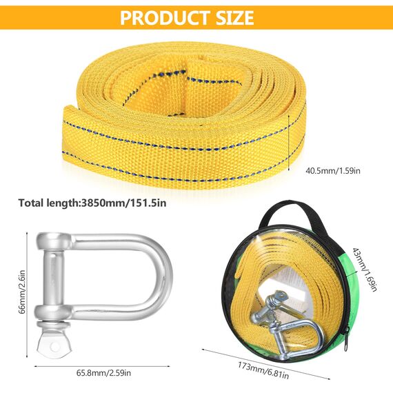 Abschleppseil PKW, 4 Meter 5 Tonnen (11000 Lbs) Abschleppseil Auto, Schwerlast Abschleppseile Abschleppgurt Mit Reflektierenden Streifen, für Off-Road Recovery, mit 2 STK U Abschlepphaken
