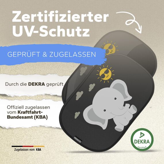 Sonnenschutz Auto Baby & Kinder • ZERTIFIZIERTER UPF50+ UV-Schutz • DEKRA geprüft & KBA-zugelassen • Nachhaltiges & hochwertiges GSM105+ Nylon • Sonnenblende Seitenscheibe • Motiv Elefant