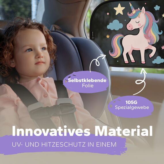 Sonnenschutz Auto Baby & Kinder • ZERTIFIZIERTER UPF50+ UV-Schutz • DEKRA geprüft & KBA-zugelassen • Nachhaltiges & hochwertiges GSM105+ Nylon • Sonnenblende Seitenscheibe • Motiv Einhorn
