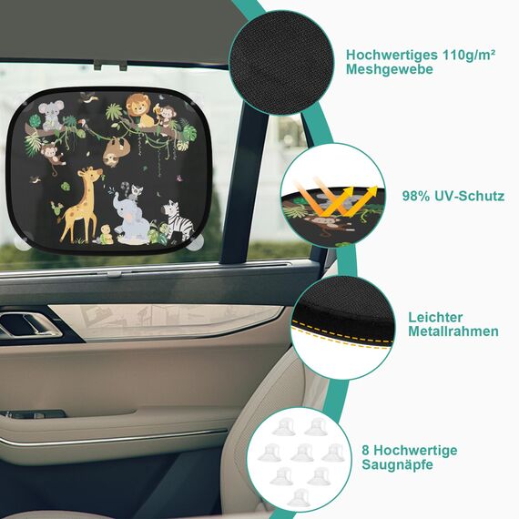 2 Stück Sonnenschutz Auto Baby mit UV Schutz, Sonnenblende Auto Kinder 45x36.5 cm mit 8 Saugnäpfen und Süßen Tier (Rebe Tiere)
