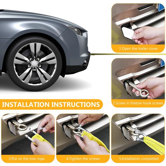 Abschleppseil PKW, 4 Meter 5 Tonnen (11000 Lbs) Abschleppseil Auto, Schwerlast Abschleppseile Abschleppgurt Mit Reflektierenden Streifen, für Off-Road Recovery, mit 2 STK U Abschlepphaken