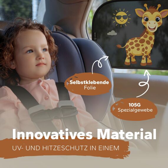 Sonnenschutz Auto Baby & Kinder • ZERTIFIZIERTER UPF50+ UV-Schutz • DEKRA geprüft & KBA-zugelassen • Nachhaltiges & hochwertiges GSM105+ Nylon • Sonnenblende Seitenscheibe • Motiv Giraffe