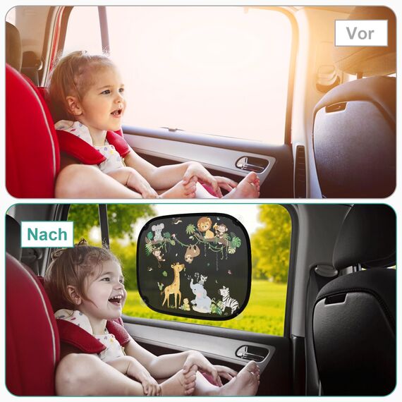 2 Stück Sonnenschutz Auto Baby mit UV Schutz, Sonnenblende Auto Kinder 45x36.5 cm mit 8 Saugnäpfen und Süßen Tier (Rebe Tiere)
