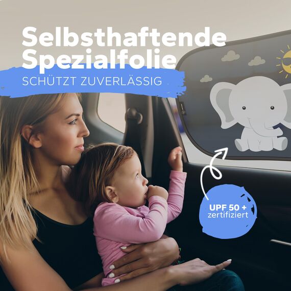 Sonnenschutz Auto Baby & Kinder • ZERTIFIZIERTER UPF50+ UV-Schutz • DEKRA geprüft & KBA-zugelassen • Nachhaltiges & hochwertiges GSM105+ Nylon • Sonnenblende Seitenscheibe • Motiv Elefant
