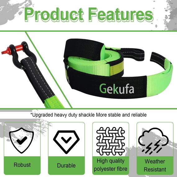 Gekufa Abschleppseil pkw 5M x 5cm, 10 Tonnen (22046 Lbs) Abschleppseil Auto Kit mit 2 Verstärkten Haken und Reflektierenden Streifen, Abschleppseile Für Off-Road Recovery (Grüner)