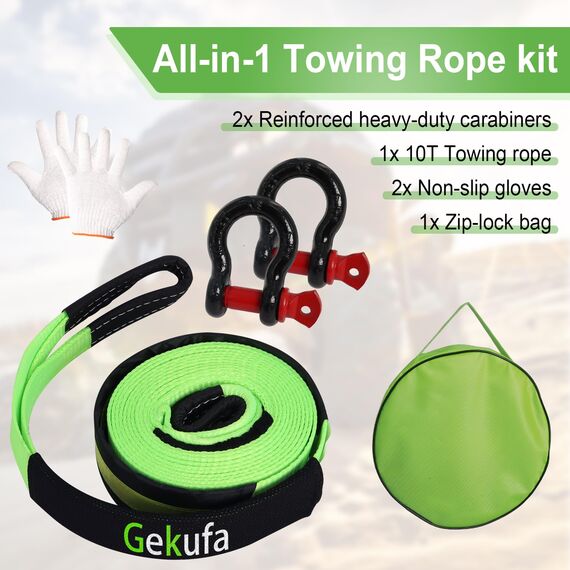 Gekufa Abschleppseil pkw 5M x 5cm, 10 Tonnen (22046 Lbs) Abschleppseil Auto Kit mit 2 Verstärkten Haken und Reflektierenden Streifen, Abschleppseile Für Off-Road Recovery (Grüner)