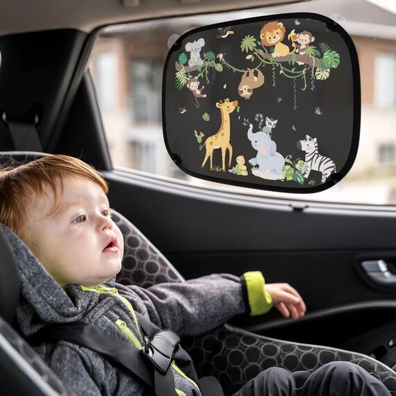 2 Stück Sonnenschutz Auto Baby mit UV Schutz, Sonnenblende Auto Kinder 45x36.5 cm mit 8 Saugnäpfen und Süßen Tier (Rebe Tiere)