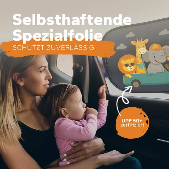 Sonnenschutz Auto Baby & Kinder • ZERTIFIZIERTER UPF50+ UV-Schutz • DEKRA geprüft & KBA-zugelassen • Nachhaltiges & hochwertiges GSM105+ Nylon • Sonnenblende Seitenscheibe • Tier-Motiv
