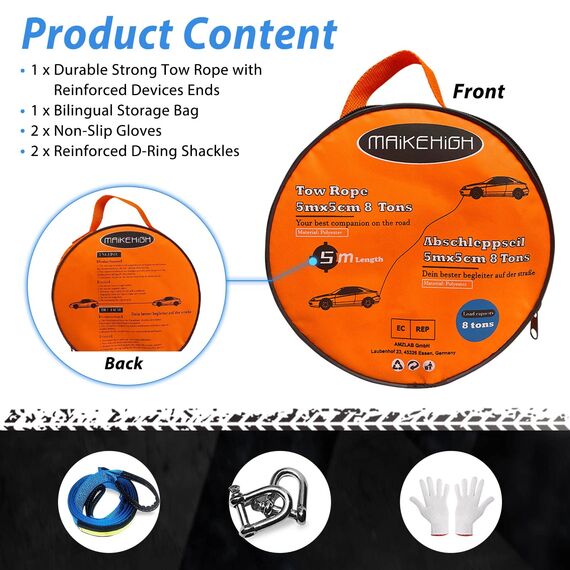MAIKEHIGH Abschleppseil 5 cm x 5 m, 17,600 lbs (8 Tonnen) Recovery Tow Strap Kit Für Off-Road Recovery & Abschleppen Heavy Duty Polyester Weather Resistant Verstärkte Looped Ends 2 Safety Hooks